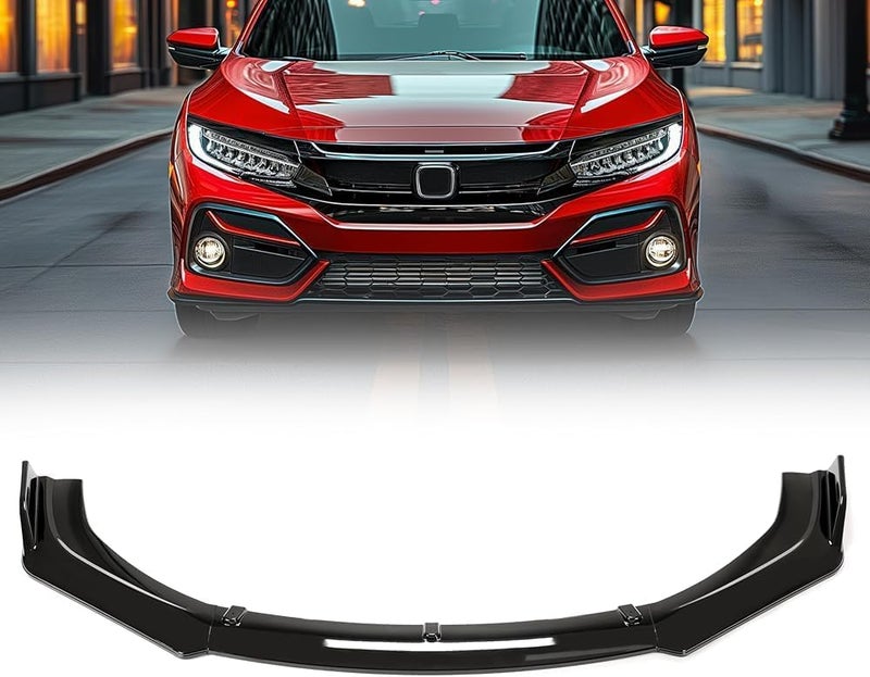 Kojem 3Pcs Front Bumper Lip Compatible with 2016-2021 Honda Civic 10th 4DR Sedan Under Chin Spoiler Plastic (Gloss Black) - Image 1